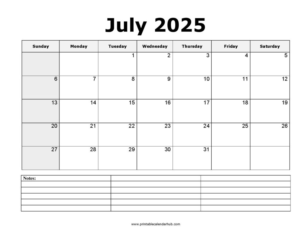 July 2025 Printable Calendar