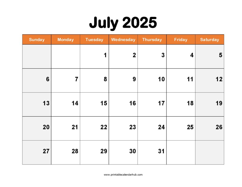 Printable Calendar July 2025