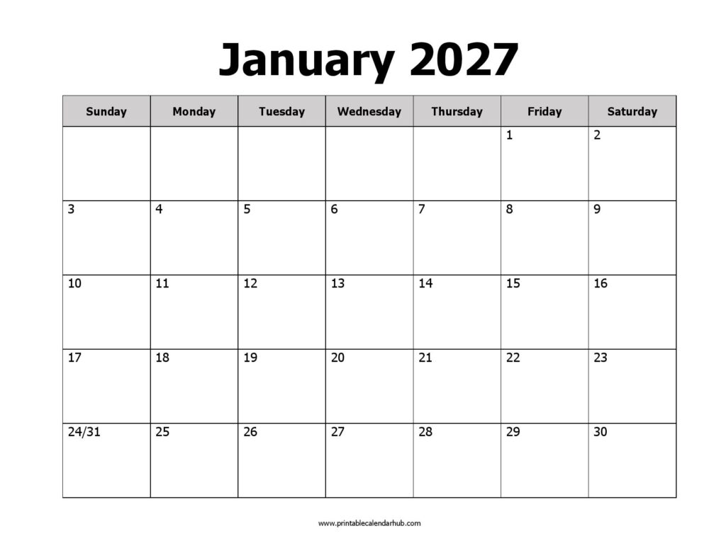 January 2027 Printable Calendar