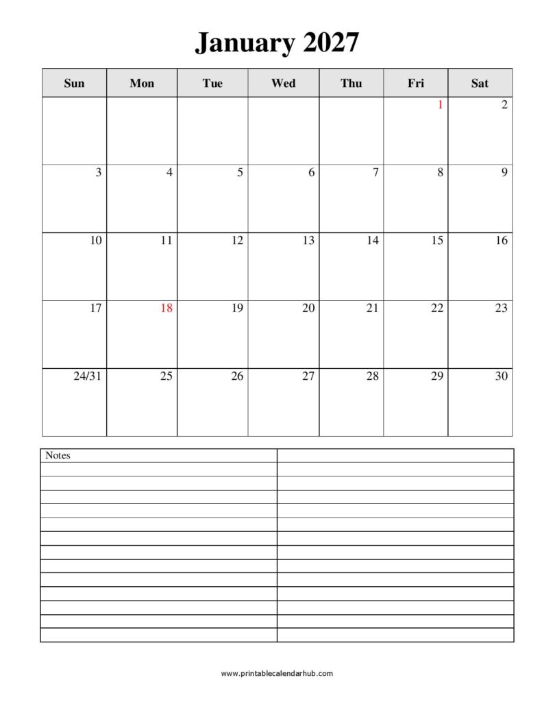 January Calendar 2026