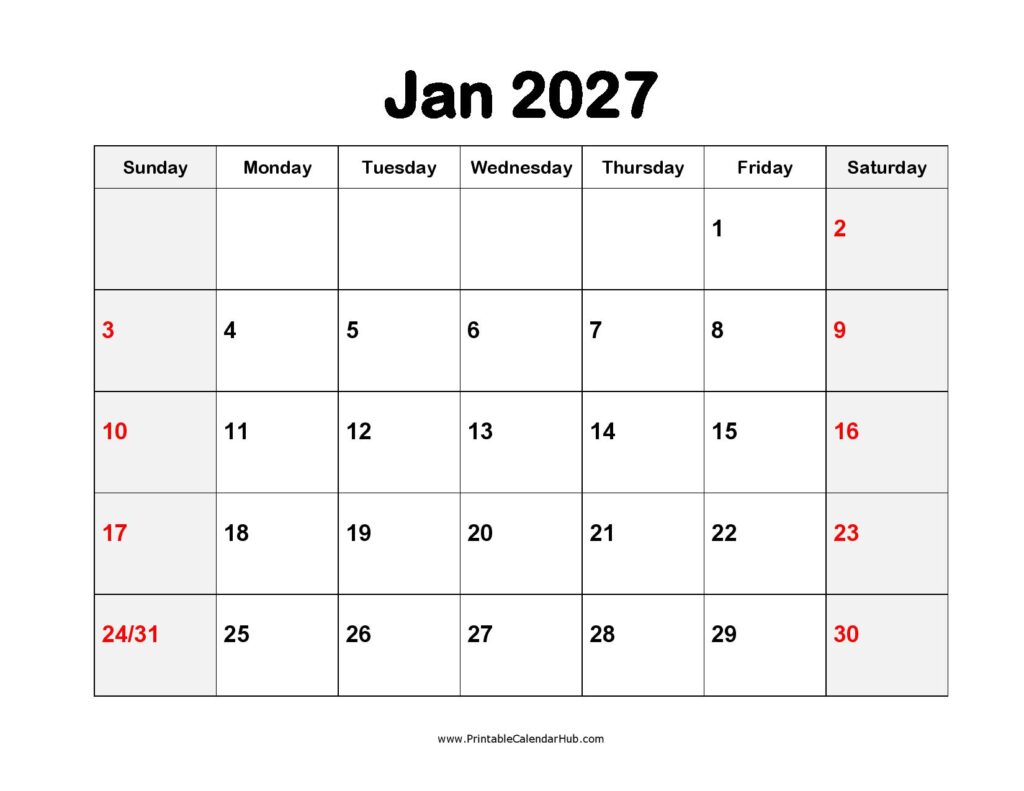 Printable January 2026 Calendar