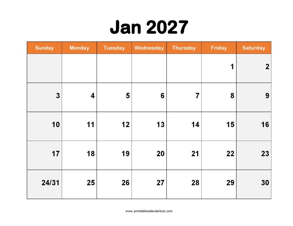 January 2027 Calendar Printable